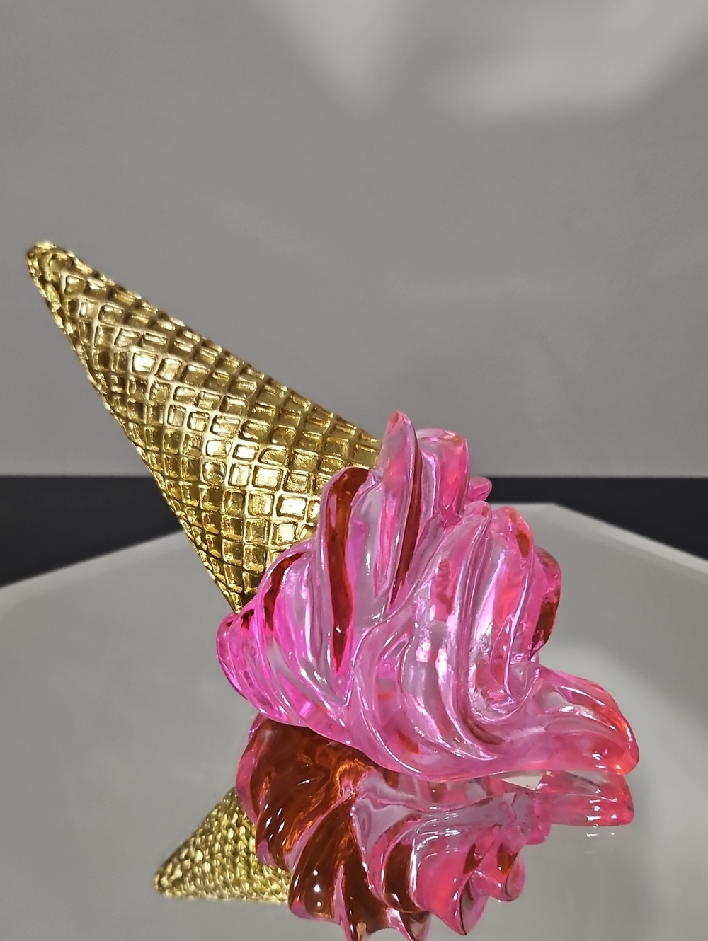 Gold Cone Decorative Accent with Pink Glass Swirl Resin Sculpture